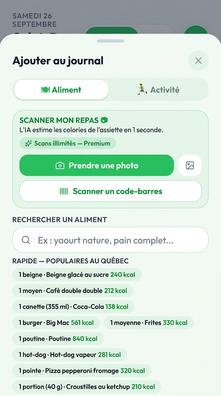 Capture d'écran réelle de Coach Calorie : ajout d'un repas avec scan photo, code-barres et suggestions québécoises